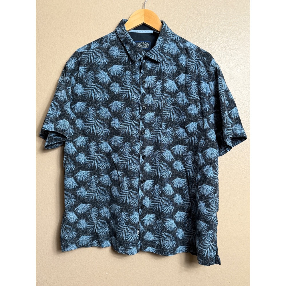 Nat Nast Button Down Shirt Mens XL Blue Hawaiian Silk Cotton Palm Print Luxury
